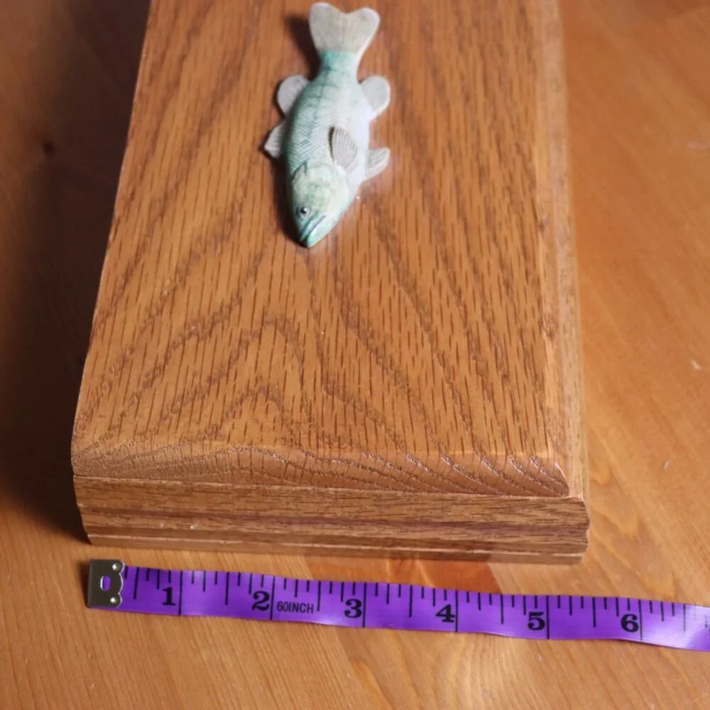 Wooden box for desk with letter opener, small carved fish on top, lid opens,